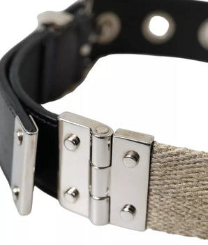 Dolce & Gabbana Black Leather Beige Strap Silver Metal Buckle Belt