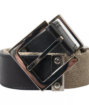 Dolce & Gabbana Black Leather Beige Strap Silver Metal Buckle Belt