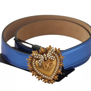 Dolce & Gabbana Blue Leather DEVOTION Heart DG Logo Metal Buckle Belt