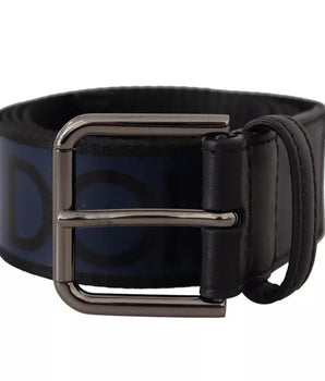 Dolce & Gabbana Blue Black Logo Print Silver Buckle Belt