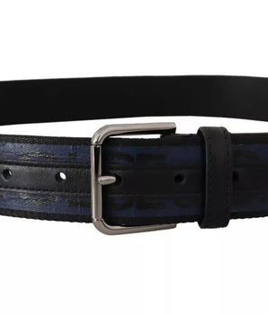 Dolce & Gabbana Blue Black Logo Print Silver Buckle Belt