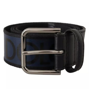 Dolce & Gabbana Blue Black Logo Print Silver Buckle Belt