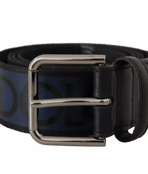 Dolce & Gabbana Blue Black Logo Print Silver Buckle Belt