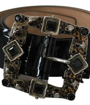 Dolce & Gabbana Black Shiny Leather Crystal Logo Buckle Belt
