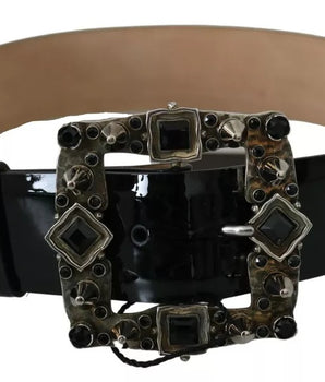Dolce & Gabbana Black Shiny Leather Crystal Logo Buckle Belt