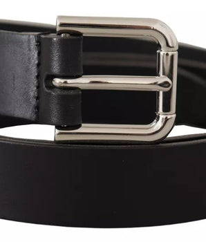 Dolce & Gabbana Black Leather Silver Tone Metal Buckle Classic Belt