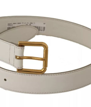 Dolce &amp; Gabbana White Leather Gold Logo Engraved Metal Buckle Belt