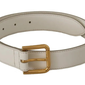 Dolce & Gabbana White Leather Gold Logo Engraved Metal Buckle Belt