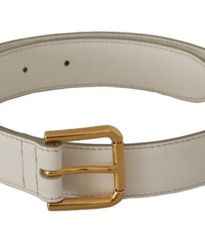 Dolce &amp; Gabbana White Leather Gold Logo Engraved Metal Buckle Belt