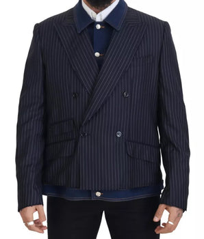 Dolce & Gabbana Blue Striped Double Breasted Denim Blazer