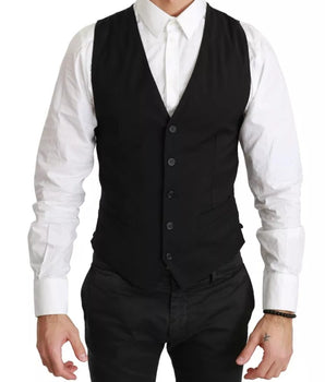 Dolce & Gabbana Black Solid STAFF Slim Fit Waistcoat Vest