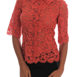 Dolce &amp; Gabbana Elegante blusa tipo cárdigan con cristales y encaje floral naranja