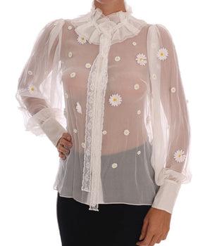 Dolce & Gabbana White Daisy Applique Silk Shirt Dolce & Gabbana 