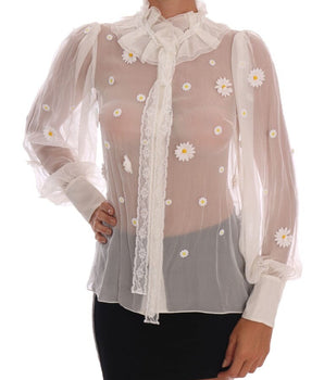 Dolce & Gabbana White Daisy Applique Silk Shirt Dolce & Gabbana 