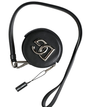 Dolce &amp; Gabbana Black Round Leather DG Logo Coin Purse Lanyard Wallet