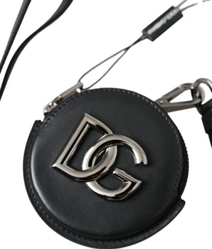 Dolce &amp; Gabbana Black Round Leather DG Logo Coin Purse Lanyard Wallet