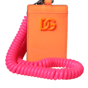 Dolce & Gabbana Orange Pink Leather DG Logo Neck Strap Card Holder Wallet