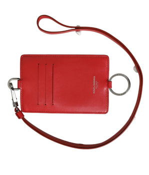 Dolce & Gabbana Red Calfskin Leather Lanyard Logo Card Holder Wallet