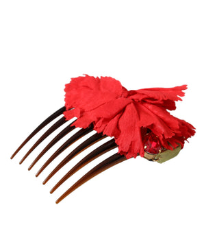 Dolce & Gabbana Red Silk Floral Gold Brass Women Hair Comb