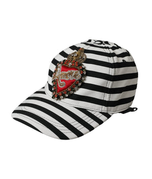 Dolce & Gabbana Black White Stripe Amore Heart Applique Baseball Hat