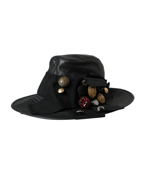 Dolce & Gabbana Black Leather DG Coin Crystal Wide Brim Hat