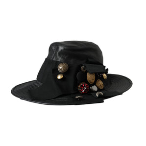 Dolce & Gabbana Black Leather DG Coin Crystal Wide Brim Hat