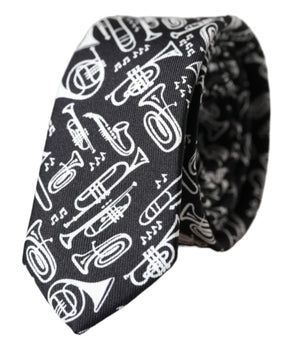 Dolce & Gabbana Black Trumpet Print Silk Adjustable Tie