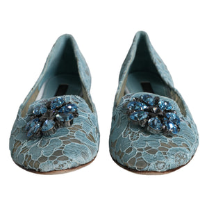 Dolce & Gabbana Blue Lace Crystal Ballet Flats Loafers Shoes