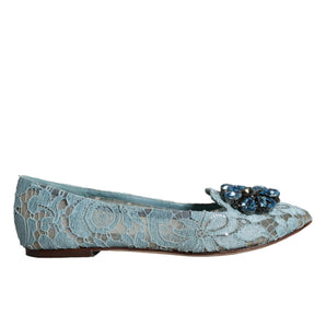 Dolce & Gabbana Blue Lace Crystal Ballet Flats Loafers Shoes