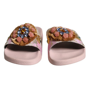 Dolce & Gabbana Pink Brocade Crystal Sandals Slides Beachwear Shoes