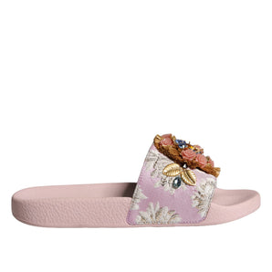 Dolce & Gabbana Pink Brocade Crystal Sandals Slides Beachwear Shoes