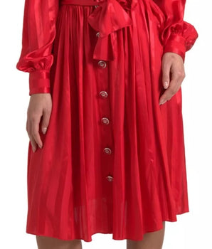 Dolce &amp; Gabbana Red Button Down Belted Midi Satin Silk Dress