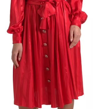 Dolce &amp; Gabbana Red Button Down Belted Midi Satin Silk Dress