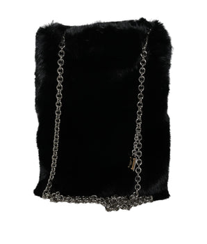 Dolce & Gabbana Black Faux Fur Silver Chain Crossbody Shoulder Purse Bag
