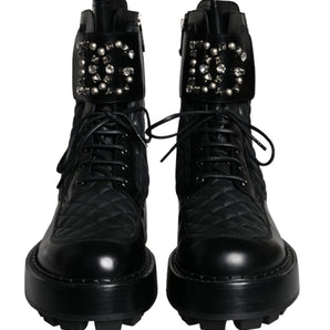 Dolce & Gabbana Black Quilted Crystal DG Logo Men Boots Shoes