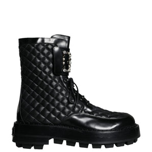 Dolce & Gabbana Black Quilted Crystal DG Logo Men Boots Shoes