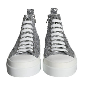 Dolce & Gabbana Silver White Sequined High Top Sneakers Shoes