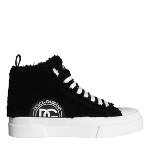 Dolce & Gabbana Black White Fur Logo High Top Sneaker Shoes