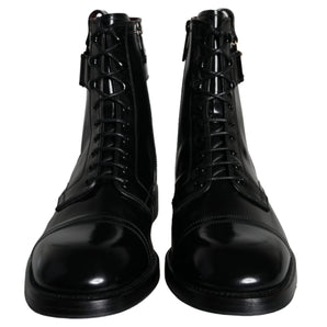 Dolce & Gabbana Black Logo Lace Up Mid Calf Men Boots Shoes