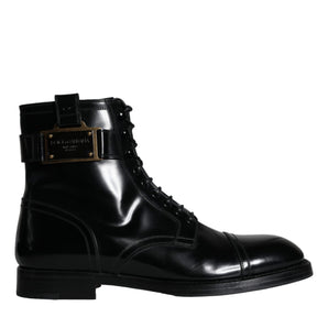 Dolce & Gabbana Black Logo Lace Up Mid Calf Men Boots Shoes