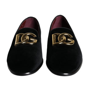 Dolce & Gabbana Black Velvet Cotton Logo Loafers Dress Shoes