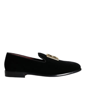 Dolce & Gabbana Black Velvet Cotton Logo Loafers Dress Shoes