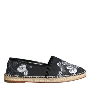 Dolce & Gabbana Black Floral Cotton Leather Espadrilles Shoes