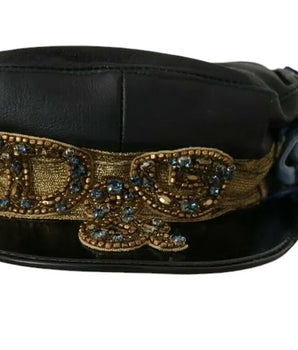 Dolce & Gabbana Black Leather Crystal Beads Gold Ribbon Fiddler Cap