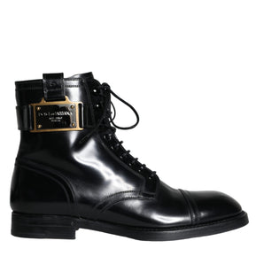 Dolce & Gabbana Black Logo Lace Up Mid Calf Men Boots Shoes