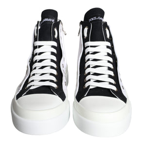 Dolce & Gabbana White Black Cotton Logo High Top Sneaker Shoes