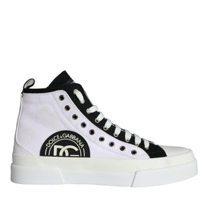 Dolce & Gabbana White Black Cotton Logo High Top Sneaker Shoes