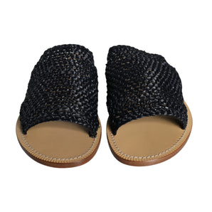 Dolce & Gabbana Black Monochrome Braided Raffia Slides Shoes