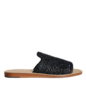 Dolce & Gabbana Black Monochrome Braided Raffia Slides Shoes