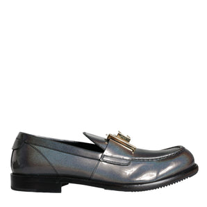 Dolce & Gabbana Silver Leather Logo Plaque Slip On Men Loafers Shoes